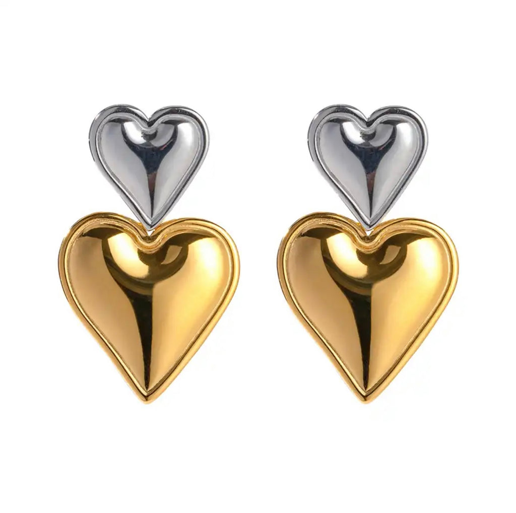 Steel Gold Double Drop Heart Earrings